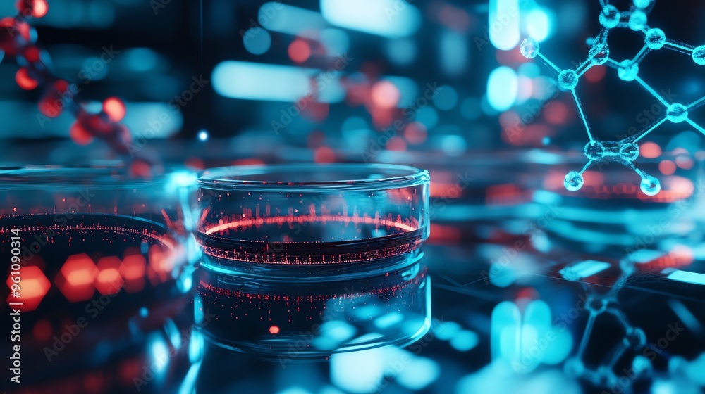 Futuristic biotech lab with glowing petri dishes and holographic molecular models Futuristic biotech lab with glowing petri dishes and holographic molecular models
