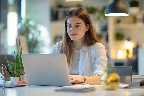 A candid shot of a young professional woman marketer working on her laptop in a bright  airy office  the scene exuding creativity and professionalism