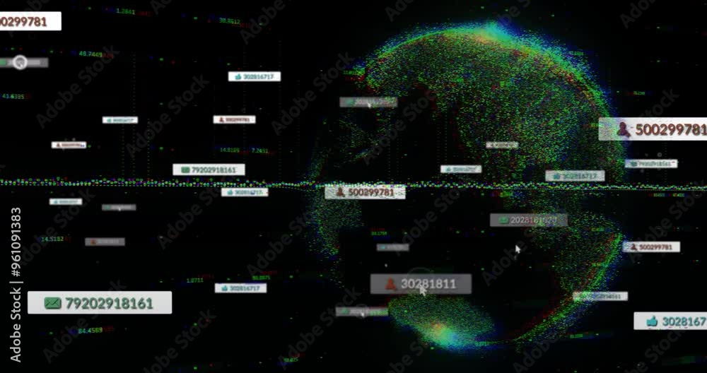 Digital data and user ID animation over world map with glitch effect Digital data and user ID animation over world map with glitch effect