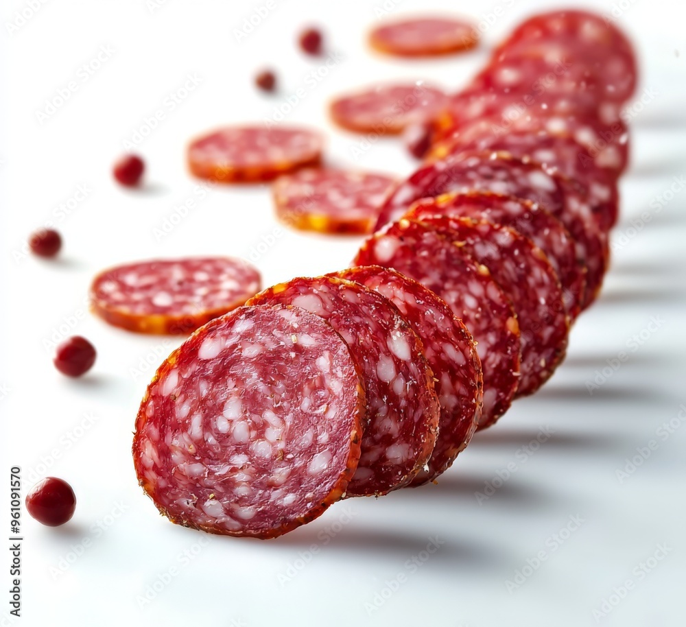 salami slices flying in the air - isolated on white background salami slices flying in the air - isolated on white background