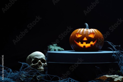 Spooky empty podium for product showcase with Halloween decor, featuring a carved pumpkin and a skull in the darkness.