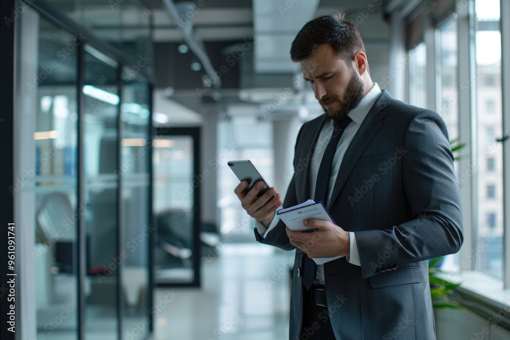Man in suit reviewing data on smartphone, professional working on the go, modern office setting Man in suit reviewing data on smartphone, professional working on the go, modern office setting
