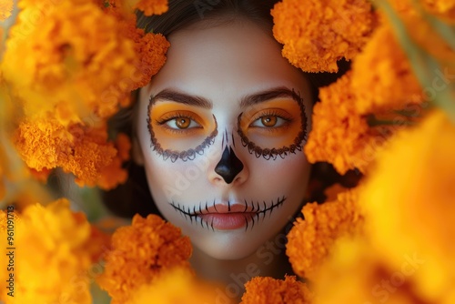 High-resolution brightly lit photorealistic photograph of a young woman with Mexican skull make-up art, her face framed by marigold flowers, embodying the spirit of DÃ­a de los Muertos. The photograph photo