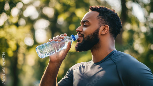 A person hydrating with a bottle of water during an outdoor workout session in a park 