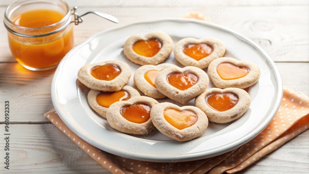 Heart-shaped thumbprint cookies with apricot jam on a white plate Heart-shaped thumbprint cookies with apricot jam on a white plate