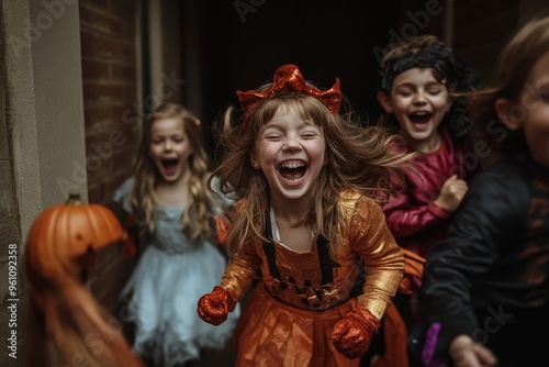 High-resolution photorealistic photograph of children in Halloween costumes, laughing as they run door-to-door. The image offers generous copy space, styled like a high-end lifestyle magazine with