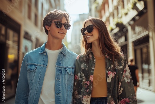 High-resolution brightly lit photorealistic candid photograph of a young couple enjoying a leisurely walk down a city street, their modern outfits perfectly suited to the urban setting. The image is