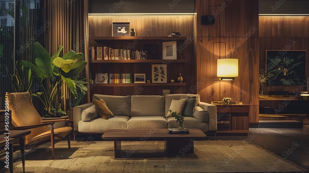 Fototapeta premium Modern Living Room Interior Design with Warm Lighting and Wooden Accents