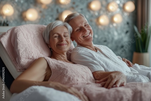 High-resolution brightly lit photorealistic photograph of a content senior couple enjoying a peaceful massage in a luxurious spa, radiating happiness. The photo has a light, bright, and joyful