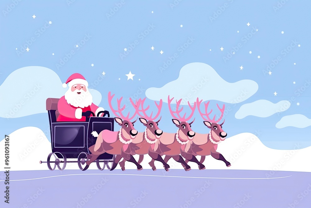 illustration of santa claus riding a deer cart in snowing light with copy space illustration of santa claus riding a deer cart in snowing light with copy space