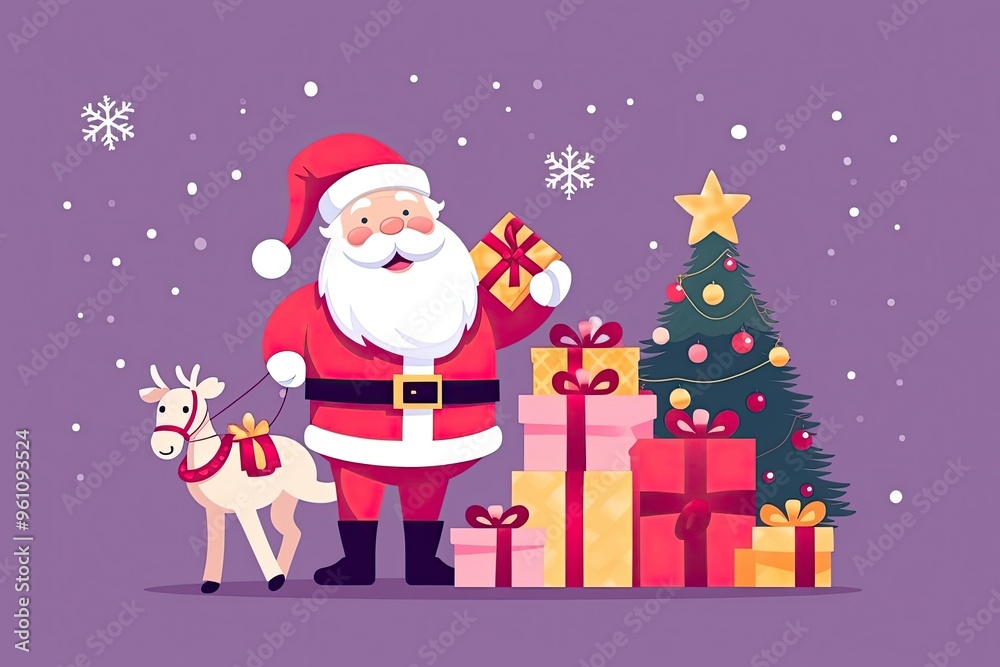 illustration of santa claus riding a deer cart in snowing light with copy space illustration of santa claus riding a deer cart in snowing light with copy space