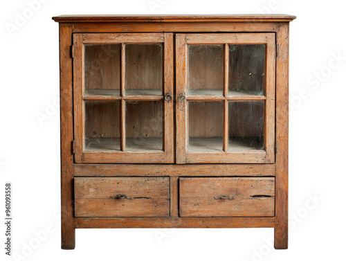 Vintage wooden cabinet with glass doors and drawers for storage