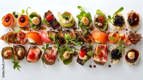 Fototapeta Naklejka Na Ścianę i Meble -  Artfully Crafted Gourmet Appetizer Platters with Vibrant Colors and Textures