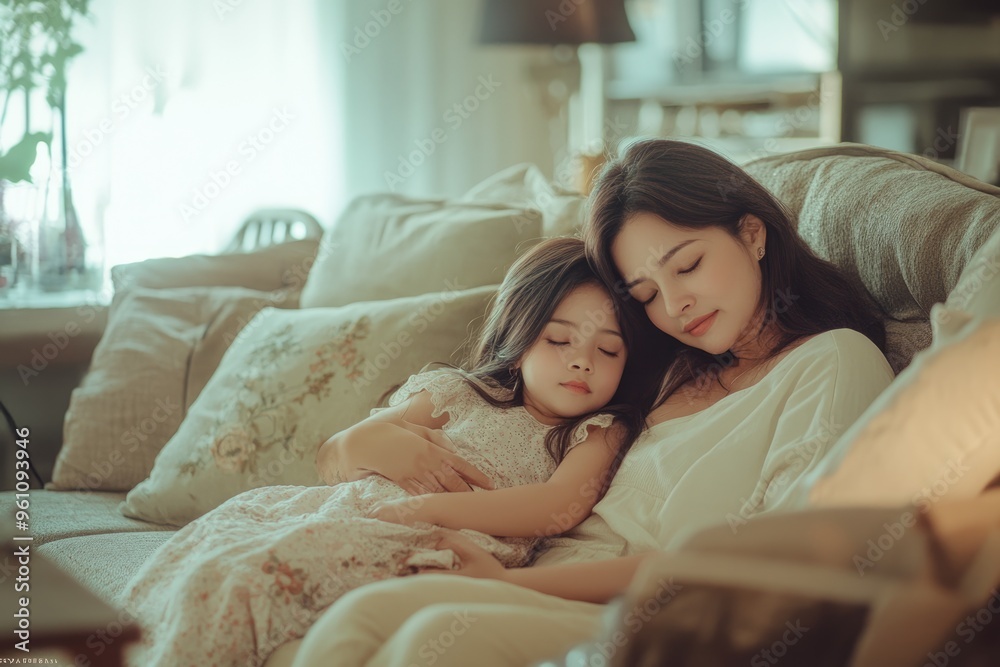 High-resolution brightly lit photorealistic candid photograph of a mother and daughter relaxing on a soft couch in a beautifully lit living room. The photo is styled like a premium lifestyle High-resolution brightly lit photorealistic candid photograph of a mother and daughter relaxing on a soft couch in a beautifully lit living room. The photo is styled like a premium lifestyle