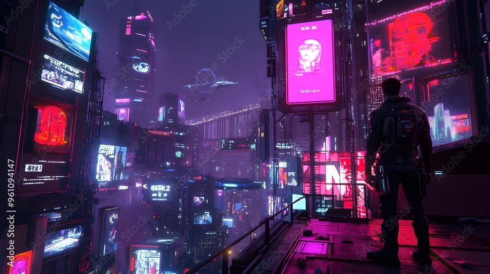 Immersive Futuristic Virtual Reality Gaming in Neon Lit Cityscape