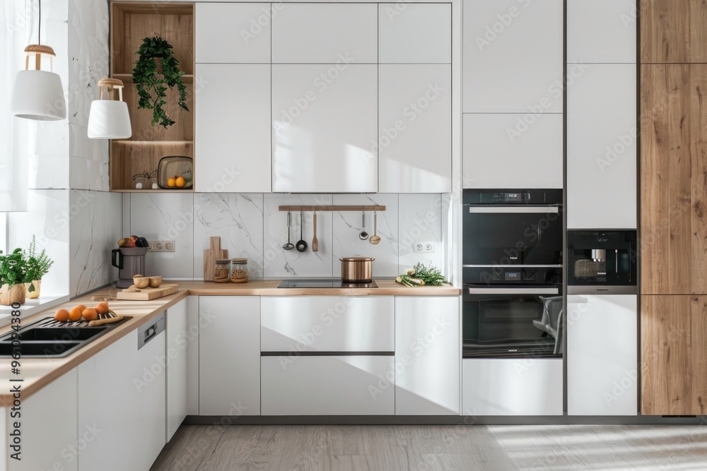 Minimal white kitchen with cozy wooden accents and modern appliances Minimal white kitchen with cozy wooden accents and modern appliances
