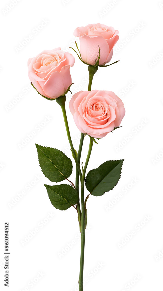 Three pink roses with green stems and leaves isolated on white background
Three pink roses with green stems and leaves isolated on white background