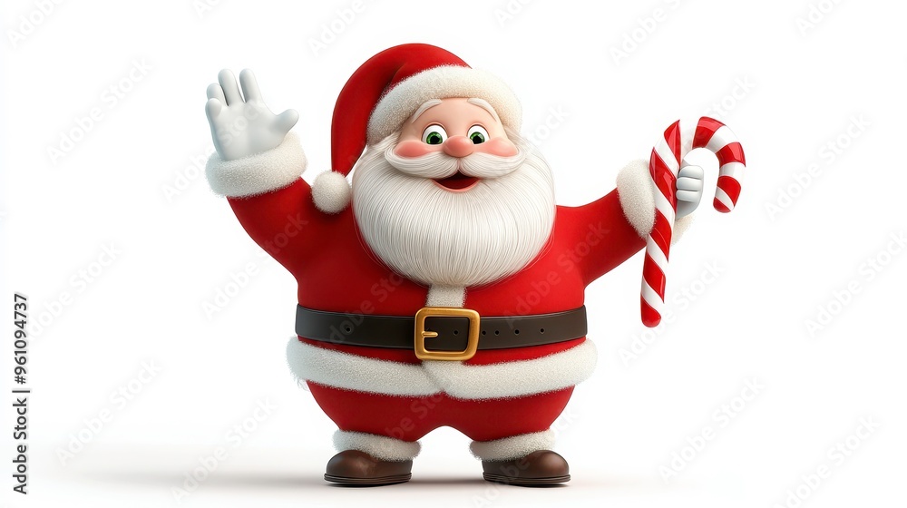 Santa Claus waving with a candy cane, Christmas character, cartoon style, isolated on white background Santa Claus waving with a candy cane, Christmas character, cartoon style, isolated on white background