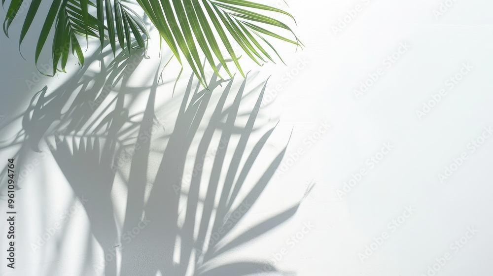 Fototapeta premium Overhead shot of palm leaf shadow on a solid white surface, modern and minimal