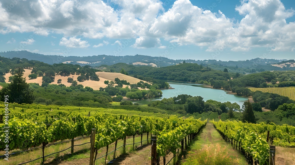 Naklejka premium Picturesque Vineyard Landscape with Lake and Rolling Hills