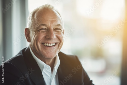 High-resolution brightly lit photorealistic candid photograph of a senior businessman exuding happiness, styled in a high-end lifestyle magazine. The bright and cheerful ambiance enhances his joyful