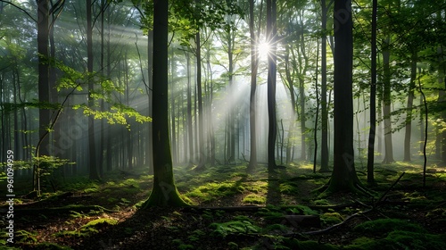 Sunbeams Through Misty Forest