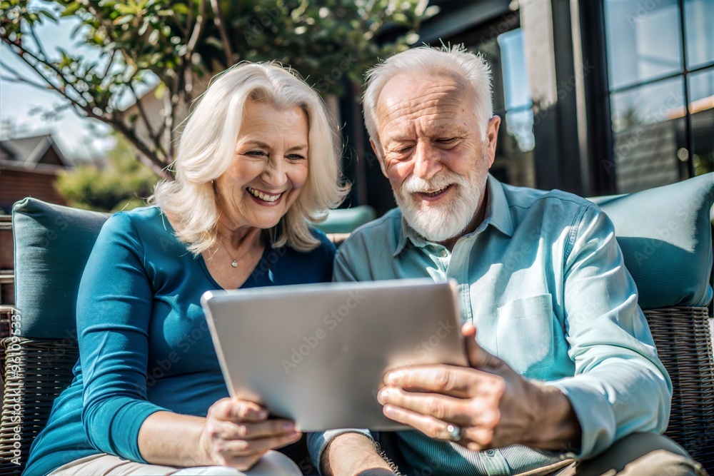 Senior couple laughing and looking at tablet on patio Senior couple laughing and looking at tablet on patio