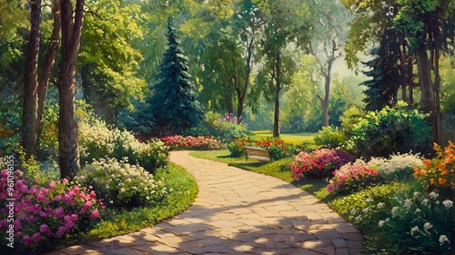 Lush Blooming Garden in Idyllic Public Park with Winding Cobblestone Paths and Soft Shadows