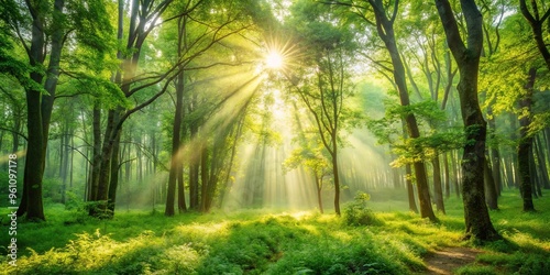 Morning sunlight streaming through lush green forest trees creating a peaceful and tranquil atmosphere