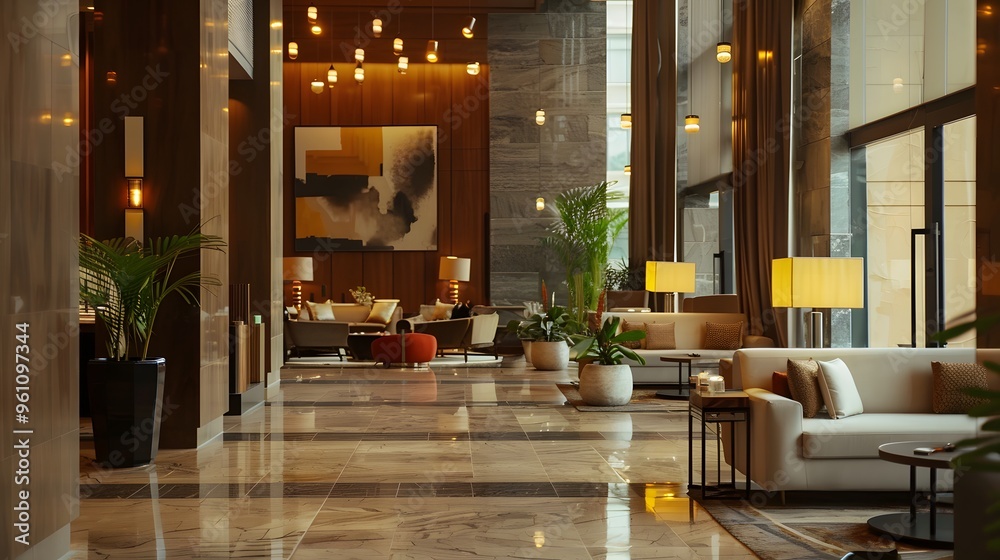Modern Hotel Lobby Interior with Luxury Furniture and Lighting Modern Hotel Lobby Interior with Luxury Furniture and Lighting