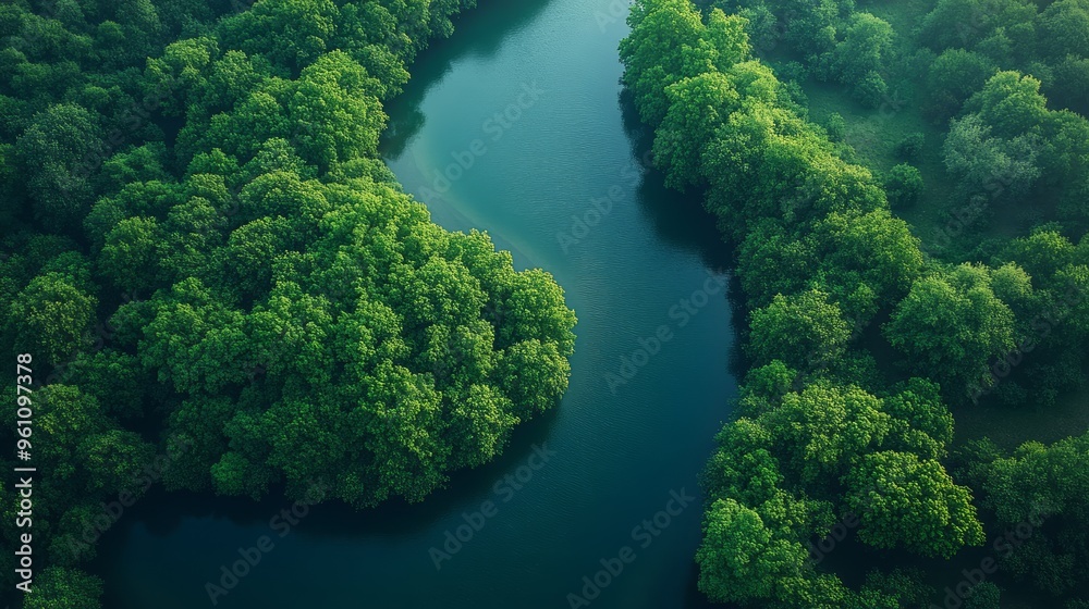 Aerial View of a Serene River Winding Through Lush Green Forest Aerial View of a Serene River Winding Through Lush Green Forest