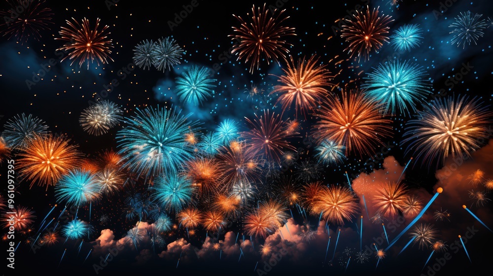 Fototapeta premium Festive fireworks show firecrackers in the night