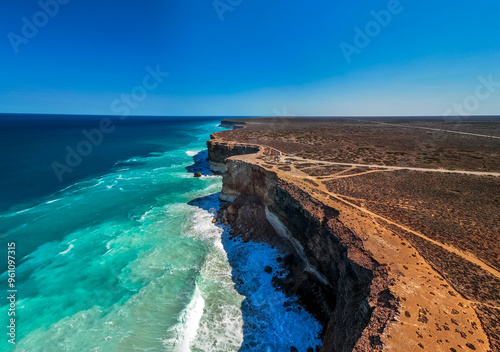 Aerial drone view over The Bight in South Australia along the infamous Nullarbor 