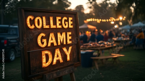 Sign that reads “COLLEGE GAME DAY” - Just before sundown - golden hour - tailgating - tailgate - fans - spirits - hype - football - college -fall 