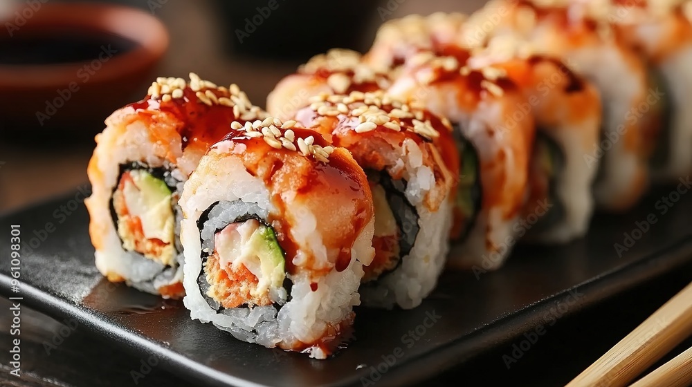 Sushi rolls served on a black plate with chopsticks, creating a visually appealing contrast between the vibrant rolls and the sleek dark background. Sushi rolls served on a black plate with chopsticks, creating a visually appealing contrast between the vibrant rolls and the sleek dark background.