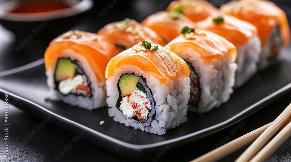 Sushi rolls served on a black plate with chopsticks, creating a visually appealing contrast between the vibrant rolls and the sleek dark background. Sushi rolls served on a black plate with chopsticks, creating a visually appealing contrast between the vibrant rolls and the sleek dark background.