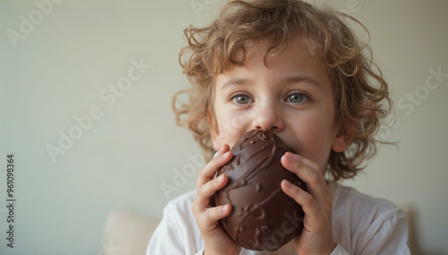 Creamy chocolate Easter egg enjoyed by a child on Easter day, festive and sweet. Easter chocolate photo