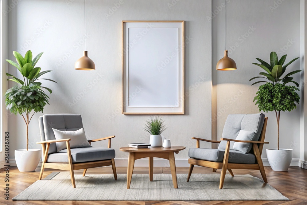 Two armchairs in room with white wall and big frame poster on it. Scandinavian style interior design of modern living room