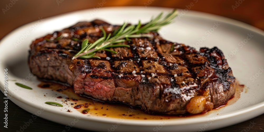 A mouthwatering ribeye steak rests on the plate, showcasing a perfectly seared exterior that conceals a succulent and tender interior. A mouthwatering ribeye steak rests on the plate, showcasing a perfectly seared exterior that conceals a succulent and tender interior.
