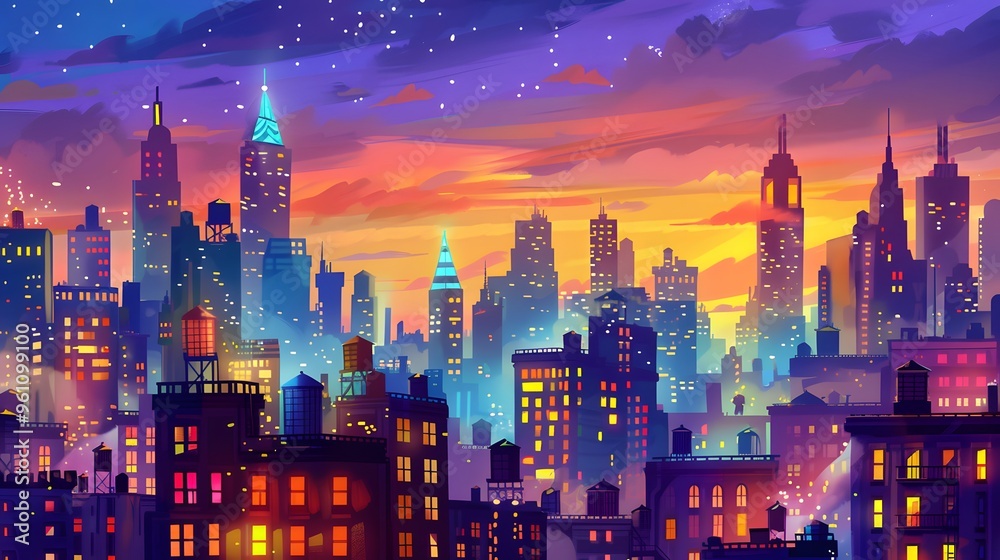Obraz premium Cityscape at Sunset with Colorful Buildings and Stars