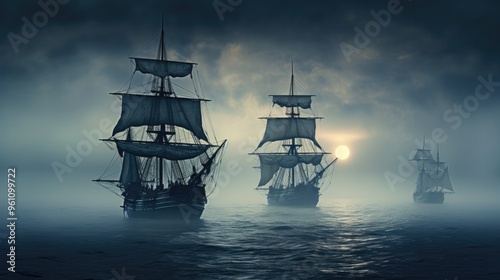 A ghostly fleet of ships drifting silently through a vast, sea of mist under a full moon, with eerie shadows and faint glows.