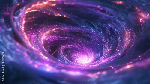 A swirling vortex of light in shades of purple and blue, with glowing particles adding depth and intrigue. This abstract image is perfect for themes of mysticism, cosmic energy, and the unknown