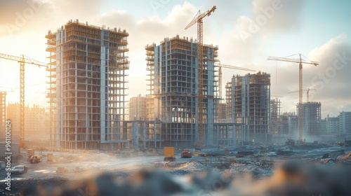 a 3d rendering of a building under construction with cranes and other construction equipment, fully built buildings, construction site, construction yard, complex 3d render.