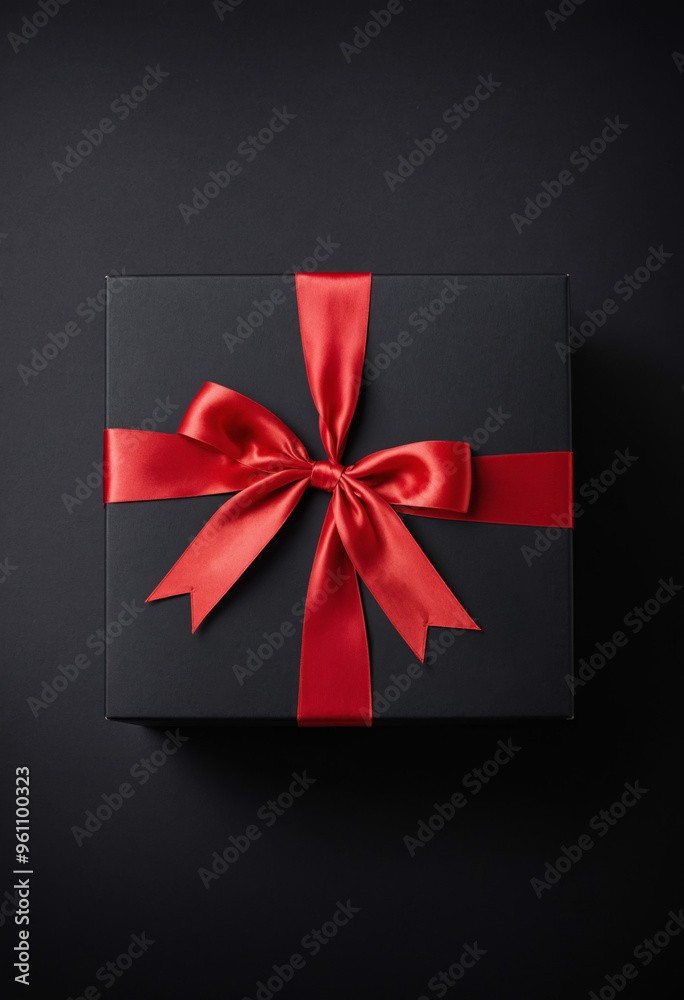 Luxury black gift box with red ribbon and bow on dark background for product presentation backdrop, display, mock-up with copy space. Black Friday discounts, shopping, Christmas gift, sales event. Luxury black gift box with red ribbon and bow on dark background for product presentation backdrop, display, mock-up with copy space. Black Friday discounts, shopping, Christmas gift, sales event.
