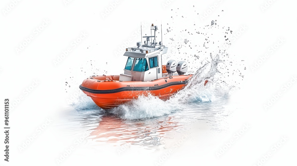 Naklejka premium Courageous Rescue Boat Maneuvering Through Floodwaters on a Clean White Background