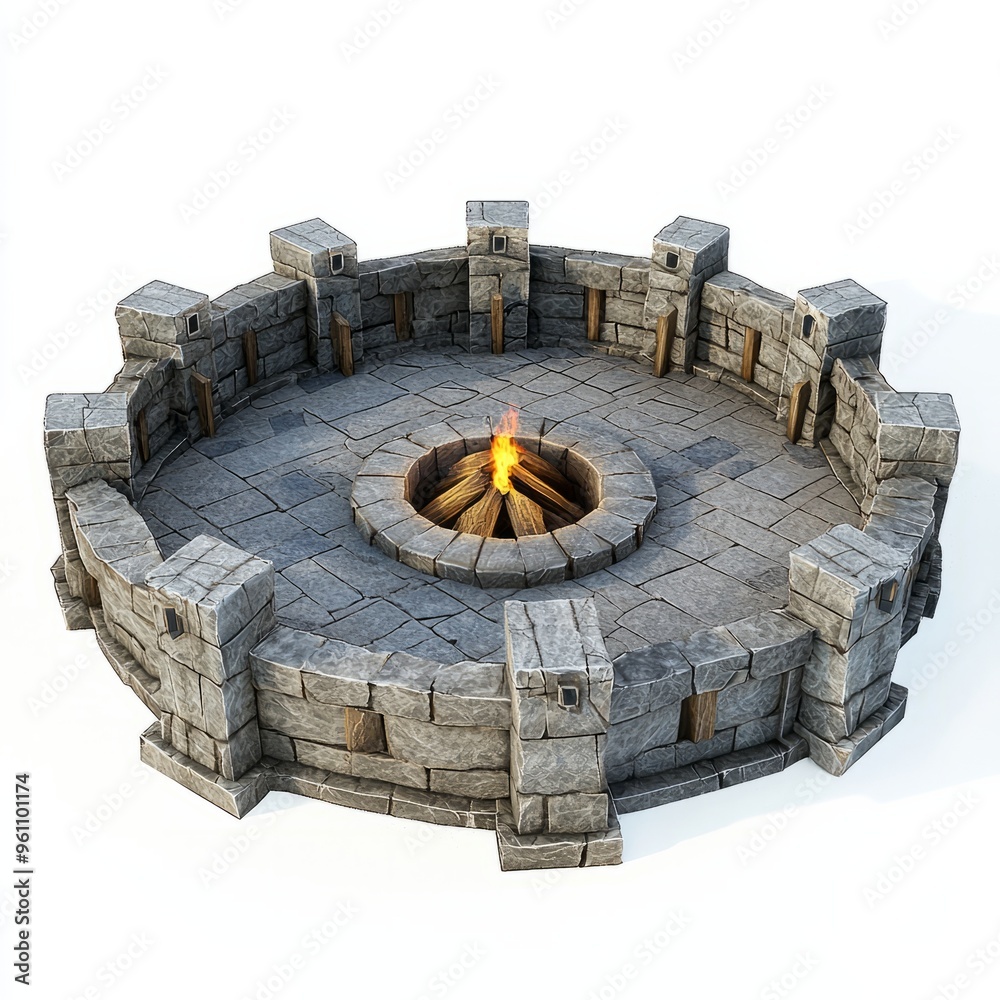 Obraz premium 3D Render of a circular stone gathering hall with a central fire, on isolated white background