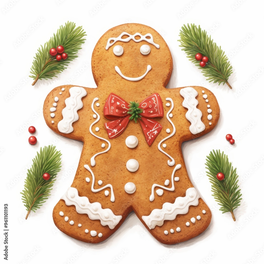 Gingerbread man with icing decorations, holiday cookie, realistic illustration, isolated on white background Gingerbread man with icing decorations, holiday cookie, realistic illustration, isolated on white background