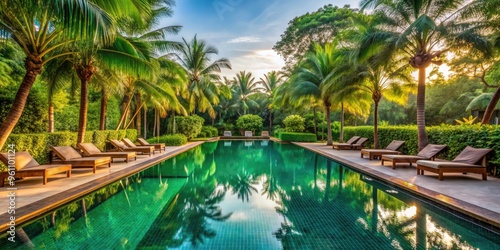 Luxury hotel pool surrounded by lush trees , luxury, hotel, pool, trees, tropical, water, relaxation, vacation, resort