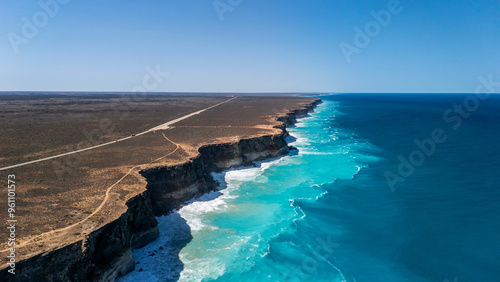 Aerial drone view over The Bight in South Australia along the infamous Nullarbor 