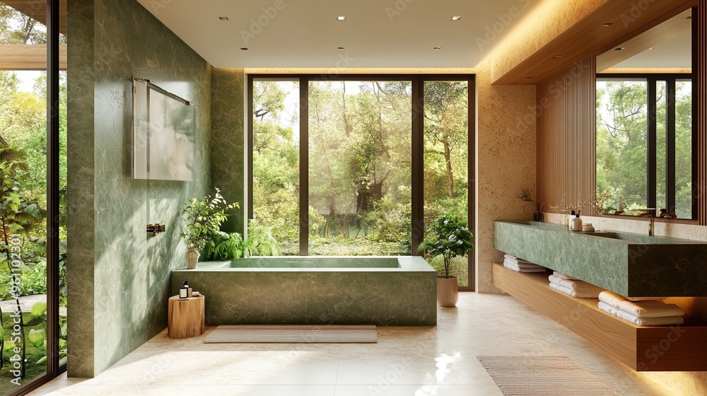 Fototapeta premium Elegant Bathroom Design: Embrace Nature with Natural Stone & Soft Green Hues – Perfect Poster for a Tranquil Spa-Inspired Interior